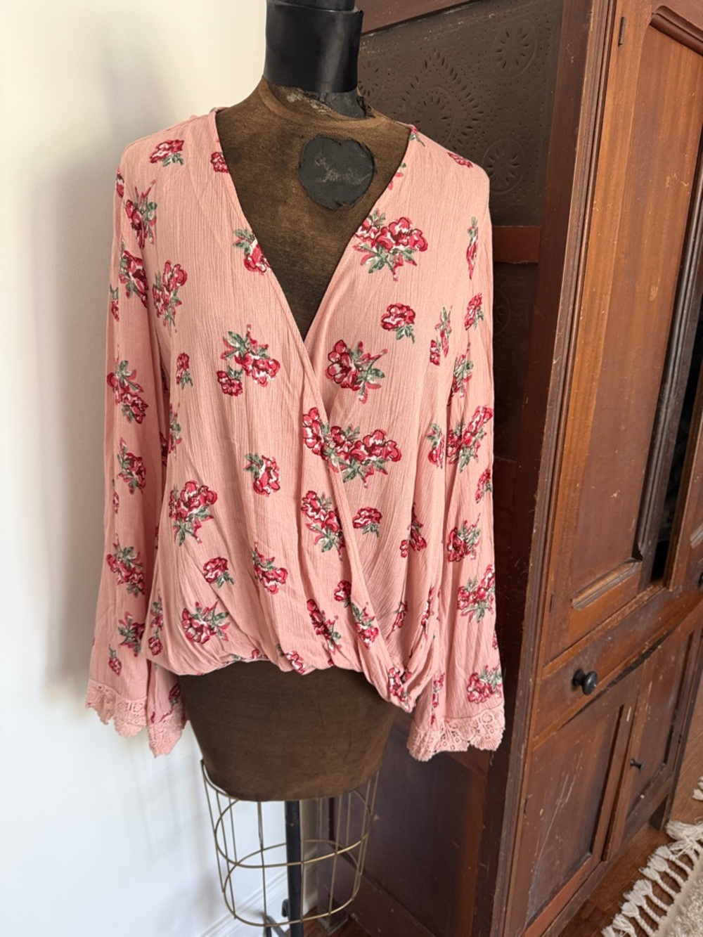 Promesa Pink Floral Wrap-Style Blouse